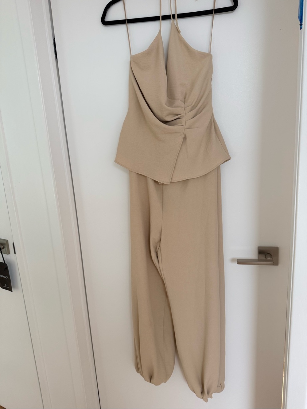 Zara Sand Beige Draped Spaghetti-Strap Jumpsuit